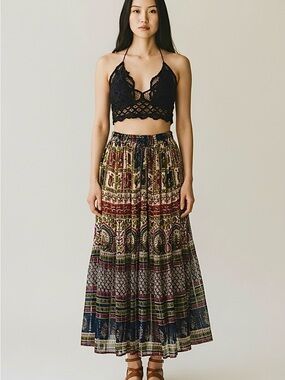 90s Rayon Gauze Hippie Festival India Block Print Metallic Silver Full Skirt  OS